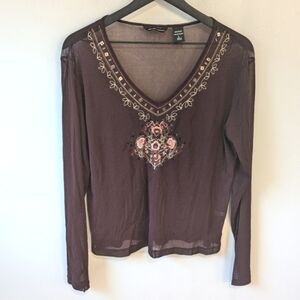 Vintage Y2K 90s New York & Co Bohemian Sheer Beaded V Neck Blouse Size Large
